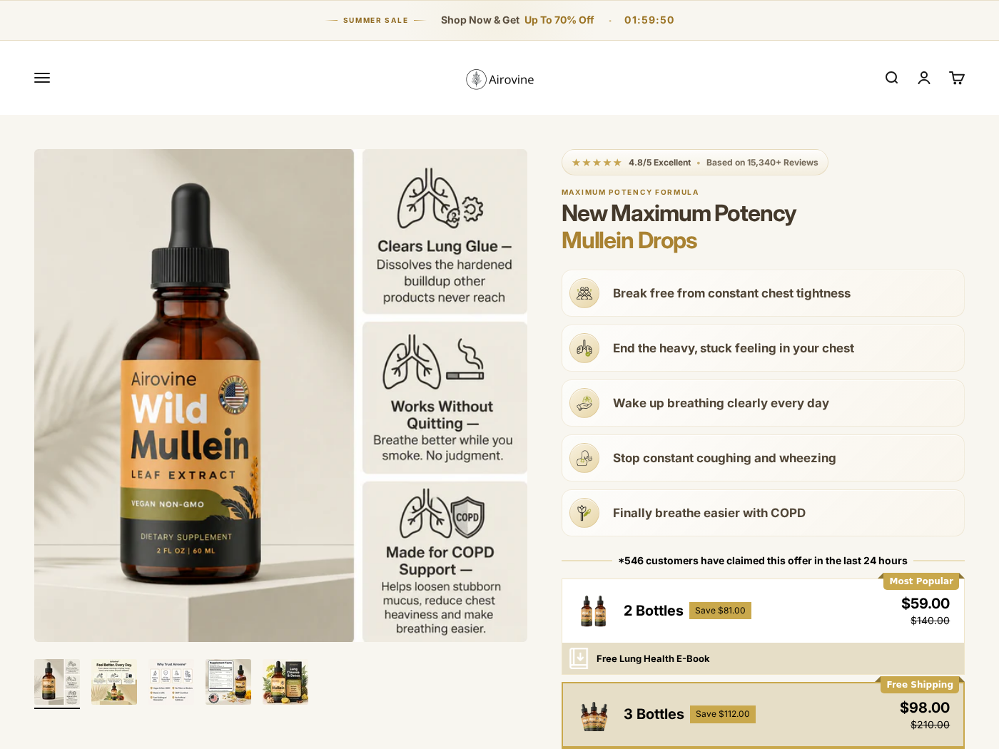 Airovine Mullein Drops page showing COPD claims, lung glue marketing, and bottle package prices
