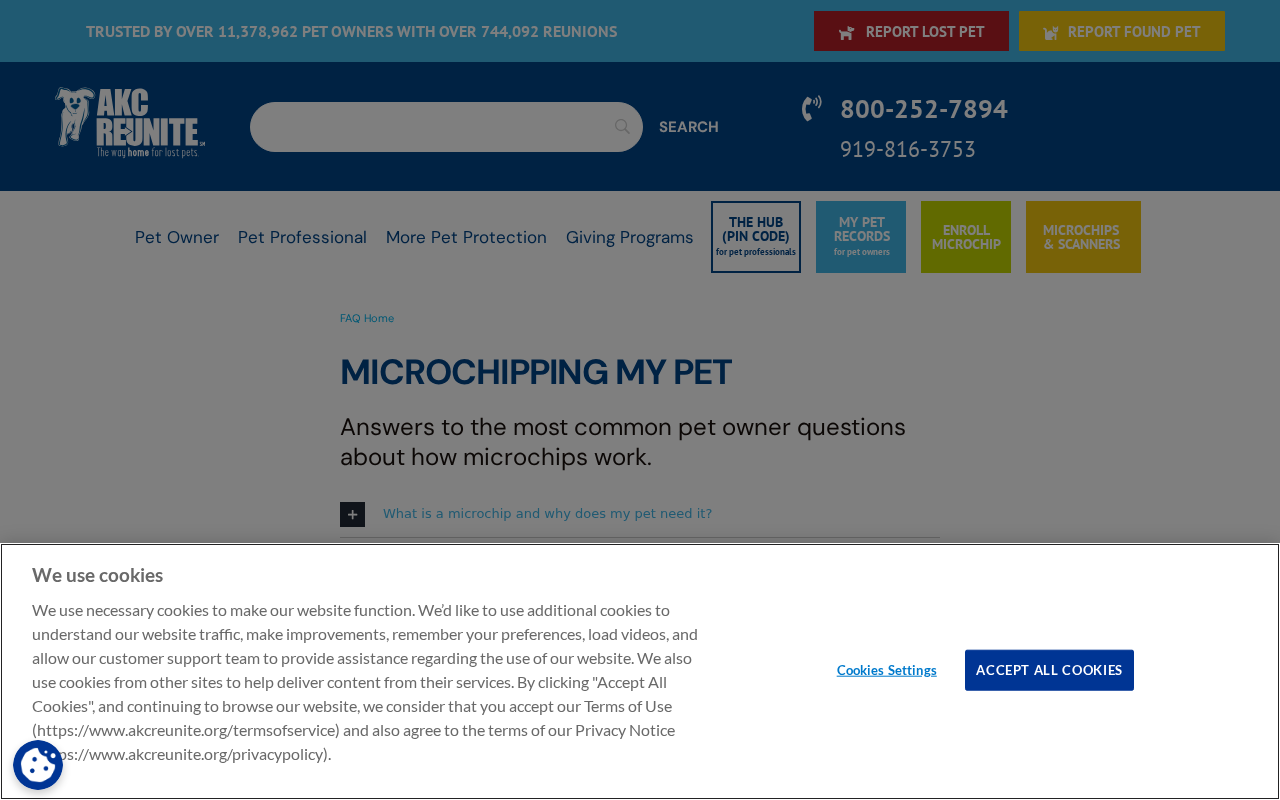 Official AKC Reunite FAQ page titled Microchipping My Pet