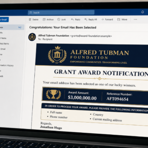 Example of the fake Alfred Tubman Foundation $3,000,000 grant email