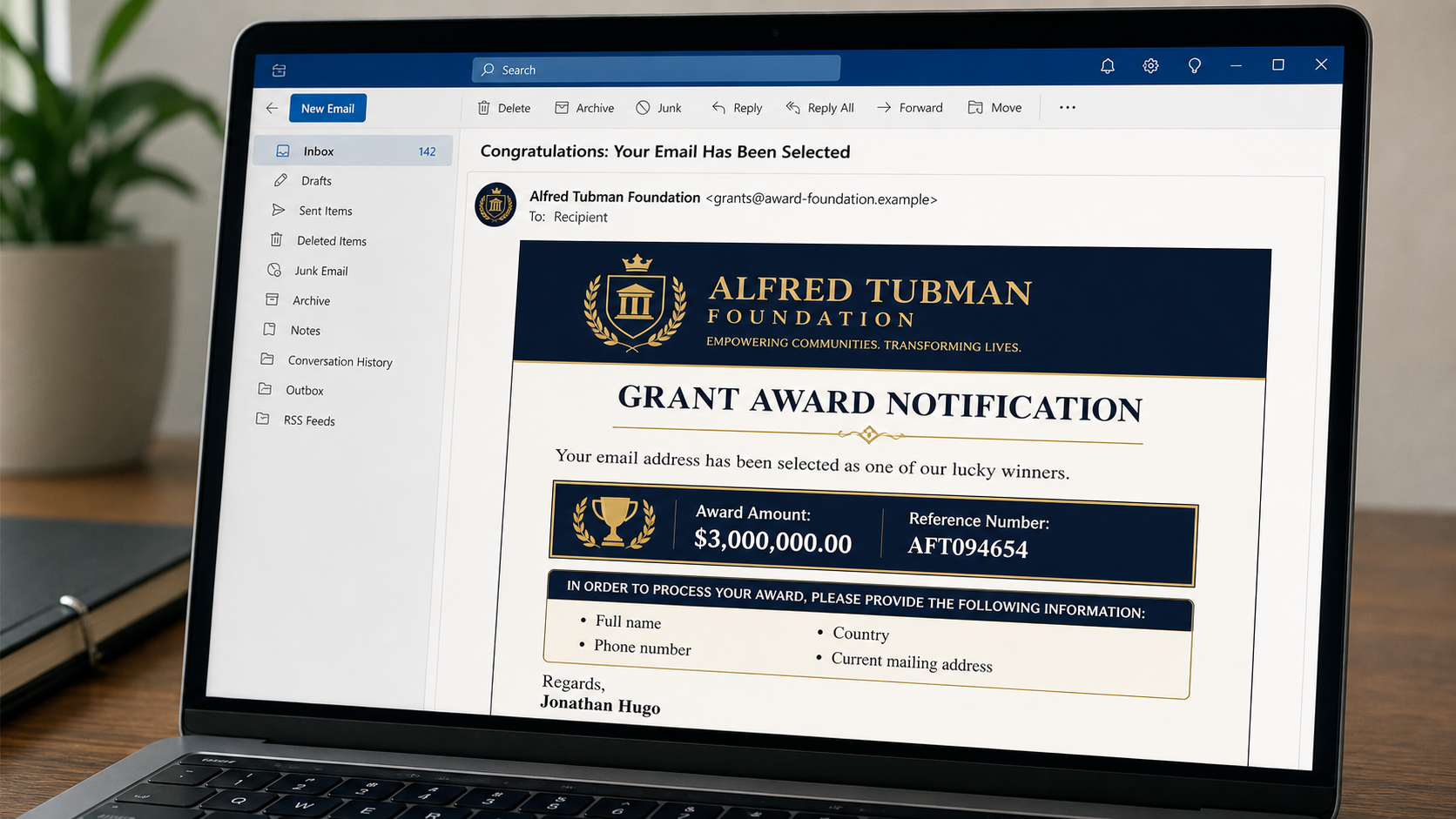 Example of the fake Alfred Tubman Foundation $3,000,000 grant email