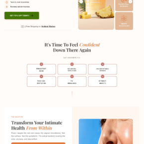 AllFemme Flora Plus sales page claiming odor, pH, moisture, and vaginal microbiome benefits