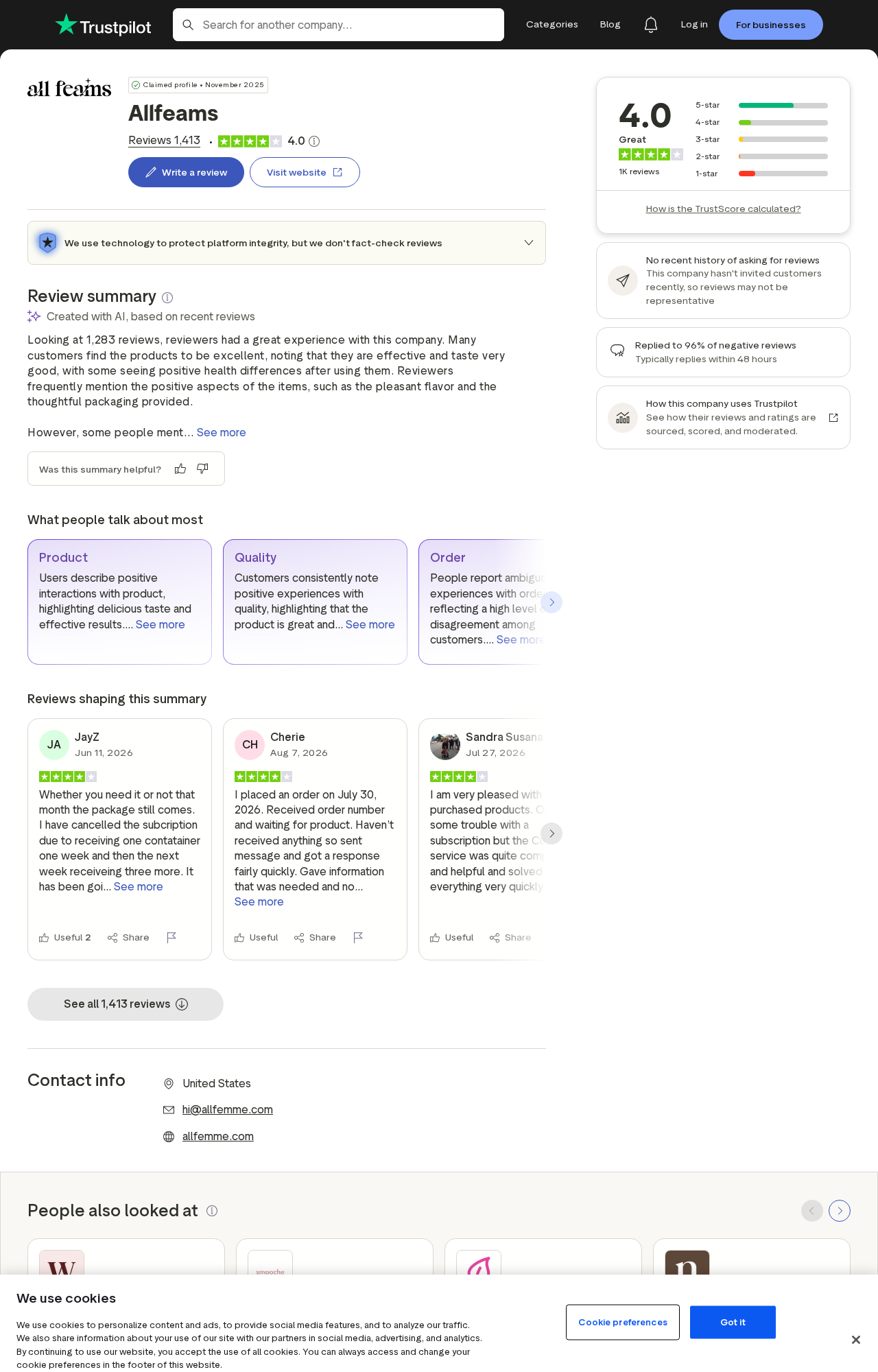 AllFemme Trustpilot profile showing customer reports about subscriptions, deliveries, and support