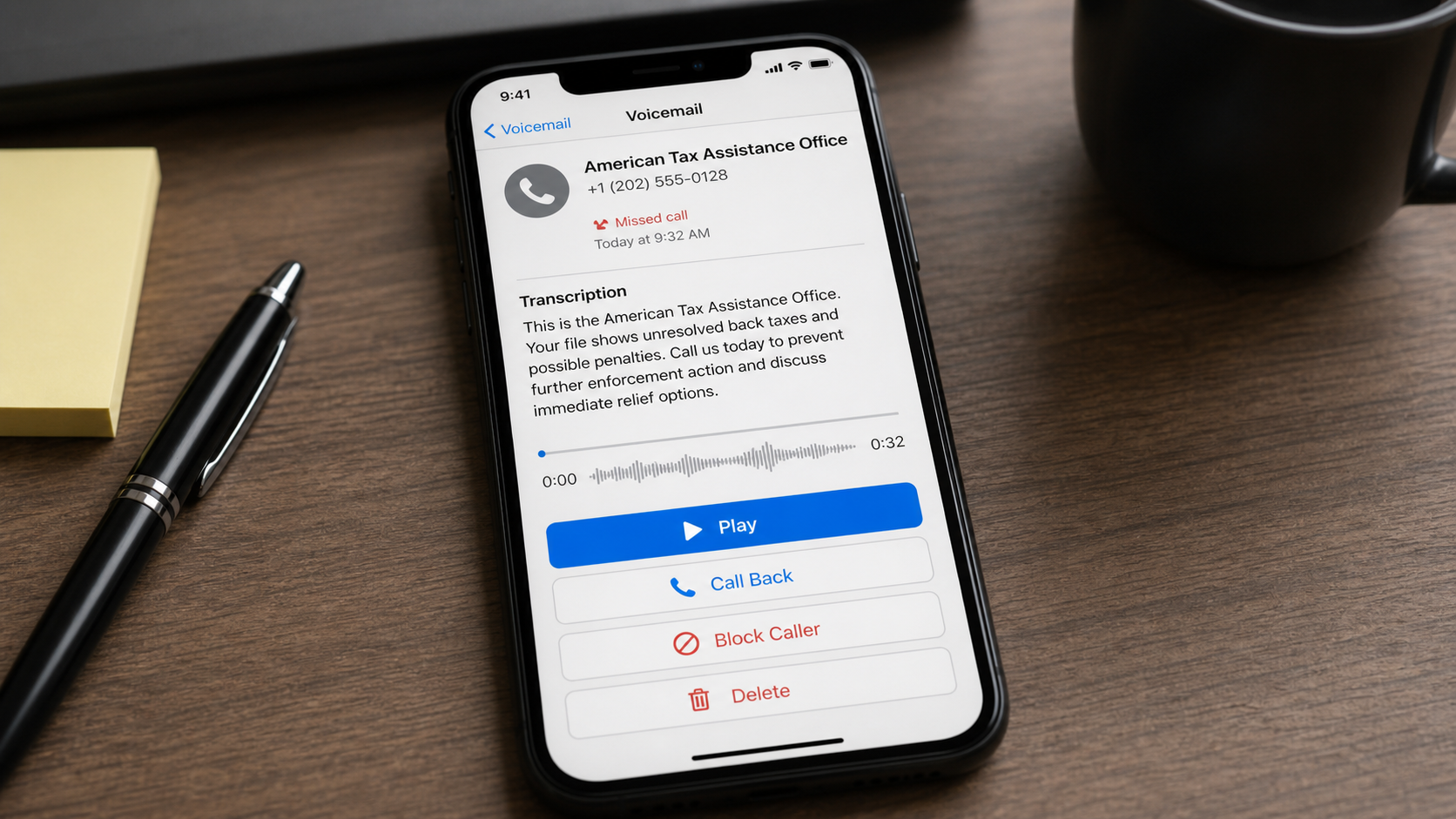 Example of an American Tax Assistance Office scam voicemail