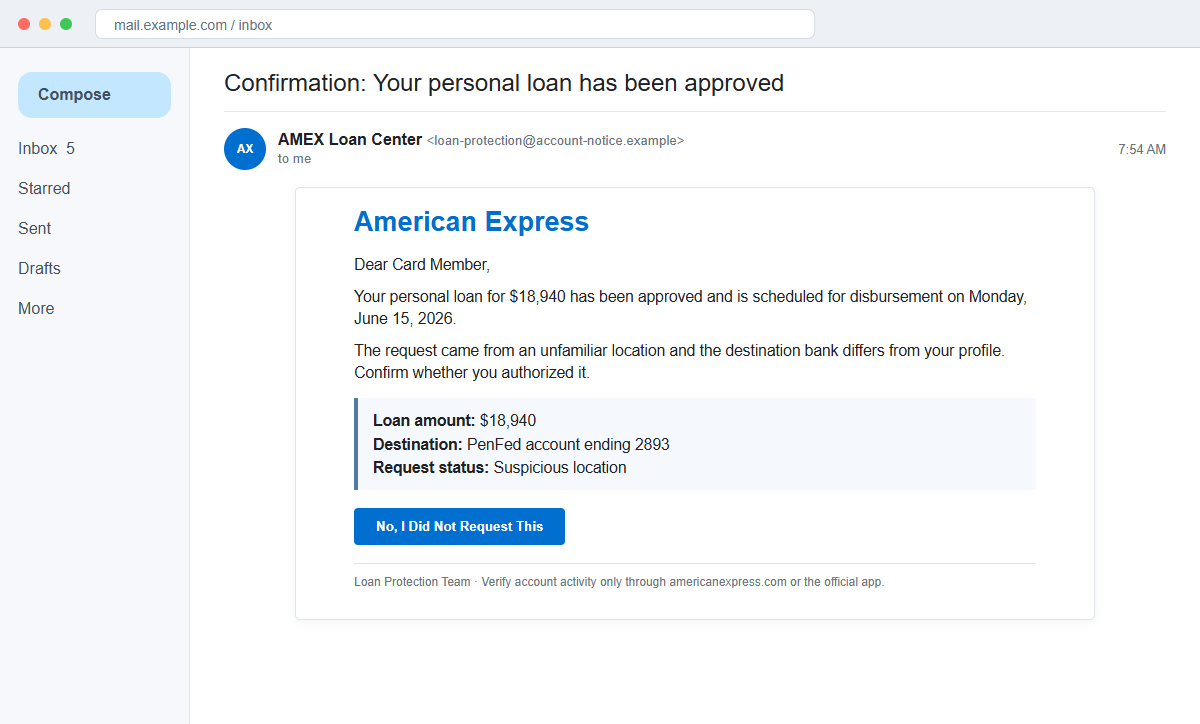 American Express Personal Loan Email Scam Can Steal Your Account Details 1 Reconstruction of the fake American Express personal loan approval email