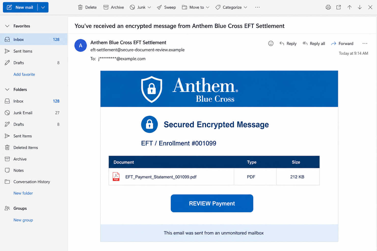 Anthem Blue Cross Encrypted Message Email Scam Can Steal Your Email Login 1 Reconstruction of a fake Anthem Blue Cross encrypted EFT payment email