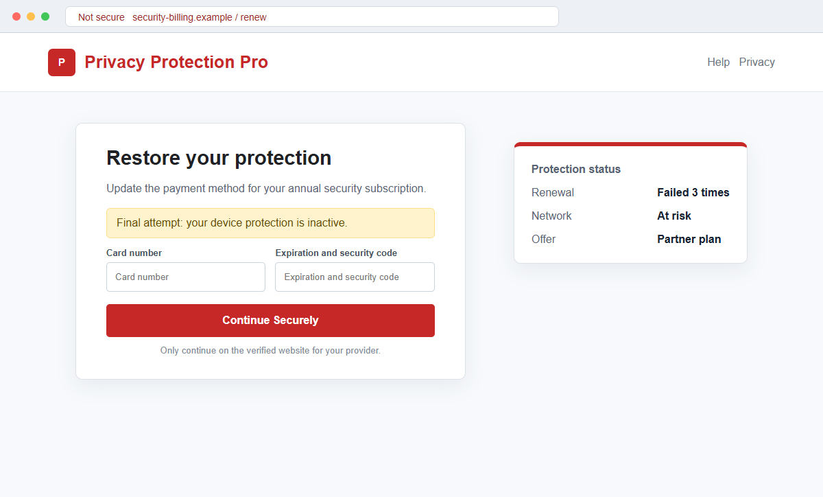 Your Antivirus Payment Was Declined Email Scam Targets Your Credit Card 2 Reconstruction of a deceptive antivirus billing page requesting payment details after a fake renewal warning