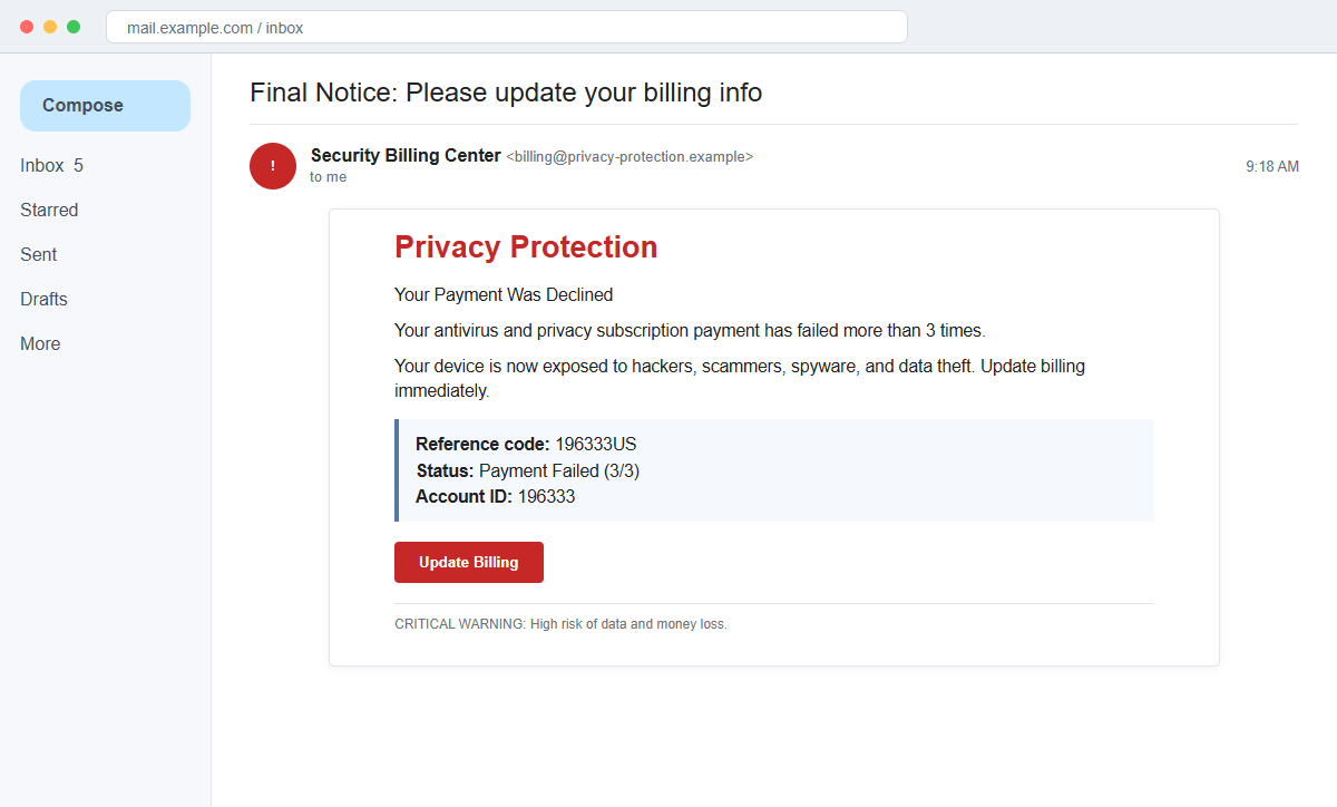 Your Antivirus Payment Was Declined Email Scam Targets Your Credit Card 1 Reconstruction of the Your Antivirus Payment Was Declined email scam showing Payment Failed 3 of 3