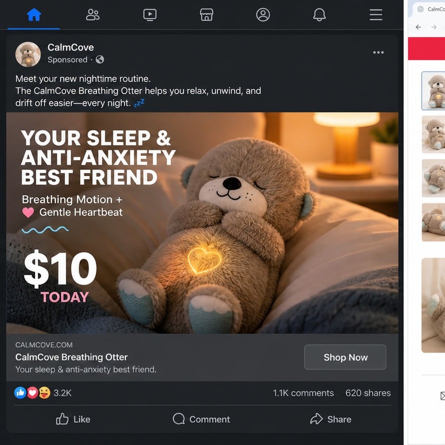 Anxiety Relief Otter Scam: Fake Medical Claims, Bad Addresses and Extra Charges 1 Sponsored ad offering a fictional breathing otter as an anti-anxiety sleep companion for $10