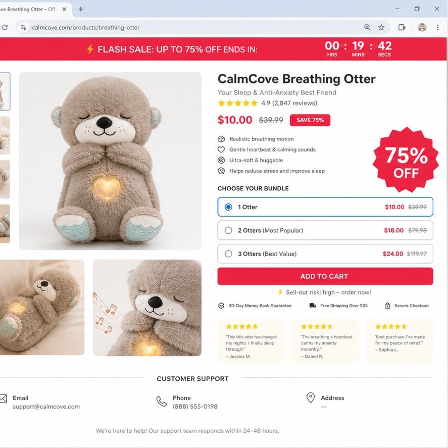Anxiety Relief Otter Scam: Fake Medical Claims, Bad Addresses and Extra Charges 2 Online store page selling a fictional breathing otter with a countdown and bundle offers