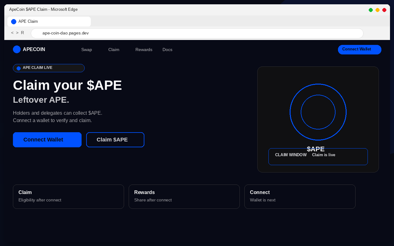 ApeCoin Airdrop EXPOSED: Fake $APE Claim Pages Drain Wallets 1 Fake ApeCoin $APE airdrop claim page with Connect Wallet
