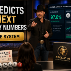 Realistic deceptive video ad promoting an Apollo AI lottery prediction engine in an investor television studio