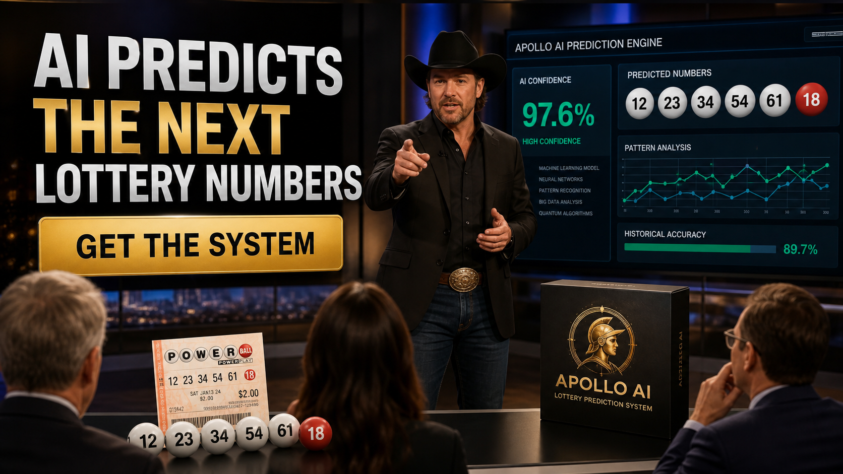 Realistic deceptive video ad promoting an Apollo AI lottery prediction engine in an investor television studio