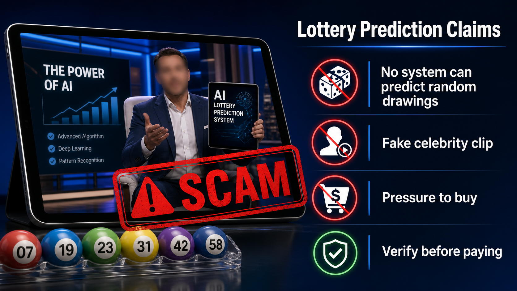 Editorial illustration explaining why AI lottery prediction pitches and fake celebrity clips are warning signs