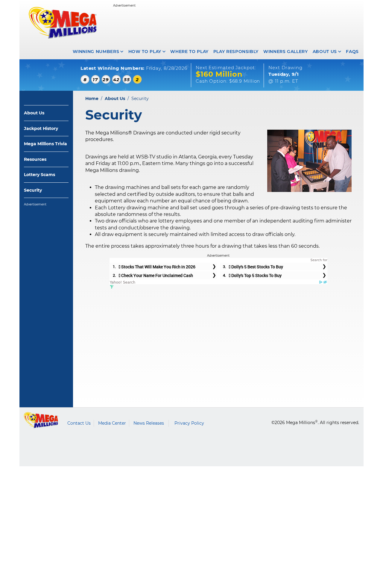 Mega Millions official security page explaining random equipment selection and independently certified drawings