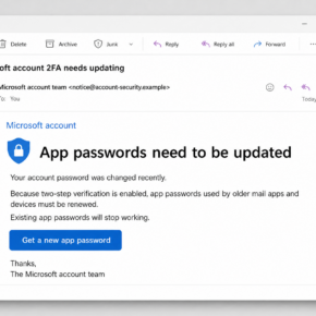 Example of the App passwords need to be updated email scam impersonating a Microsoft account security notification