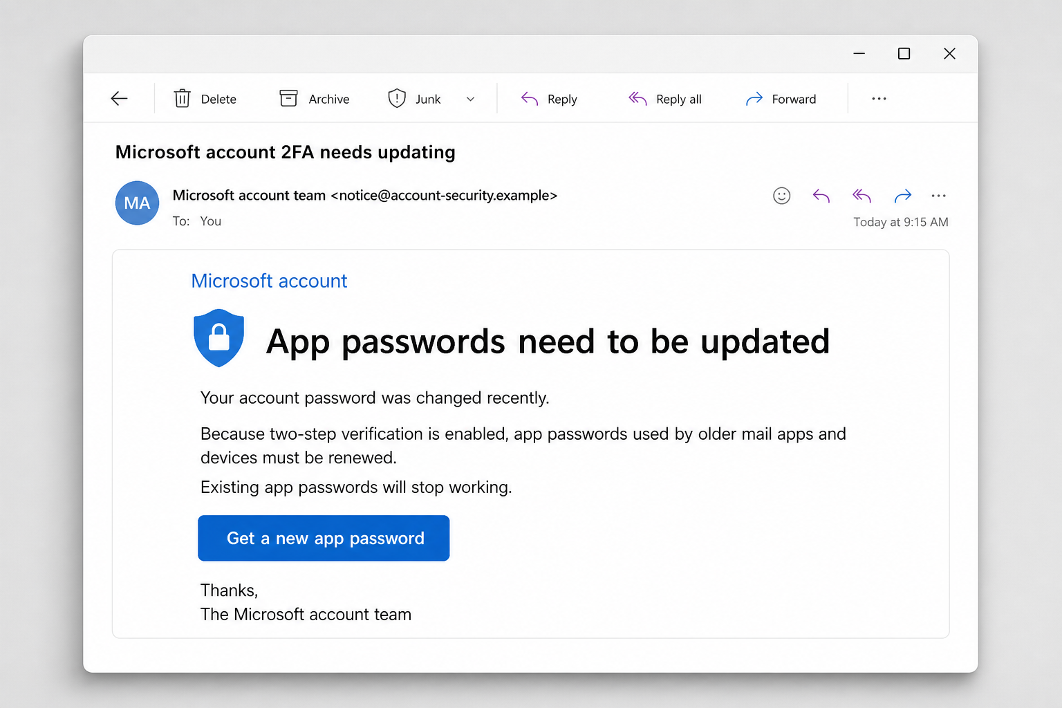 App Passwords Need to Be Updated Email Scam: The Fake Microsoft Alert Explained 1 Example of the App passwords need to be updated email scam impersonating a Microsoft account security notification