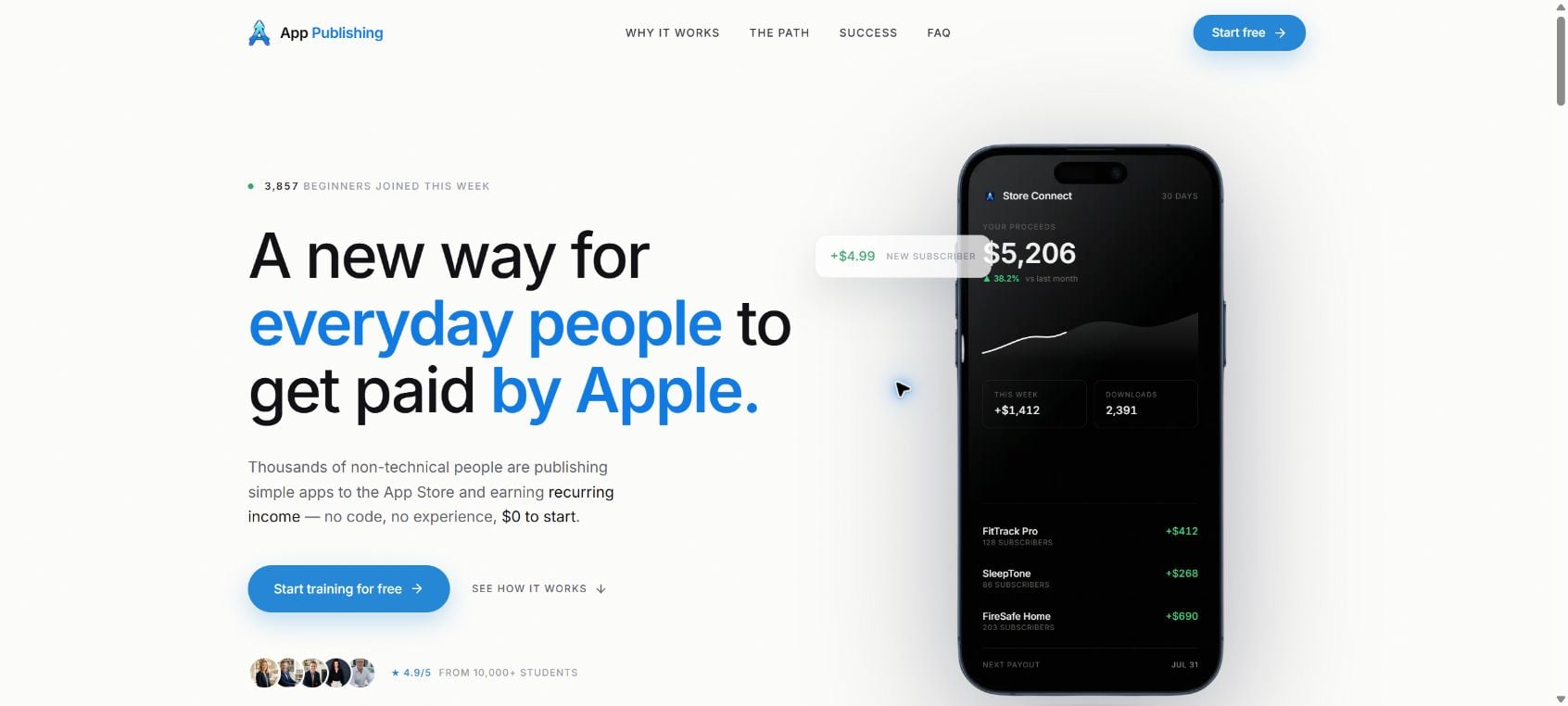 AppPublishing.ai Review - Scam or Legit? Read This First 1 AppPublishing.ai homepage promising beginners can get paid through Apple by publishing apps with AI