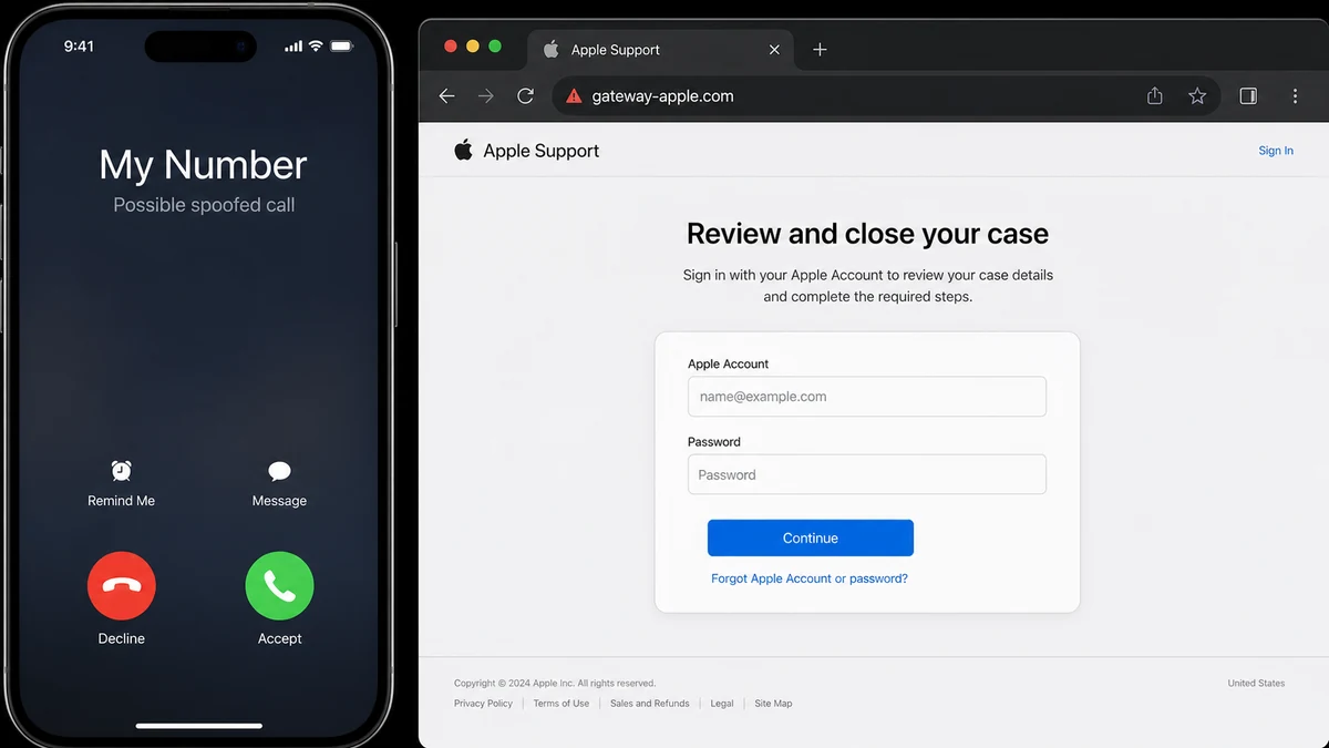 Fake Apple Support Uses Your Own Number to Steal Your Login 2 Realistic reconstruction of a spoofed call from the victim's own number beside a fake gateway-apple.com login portal
