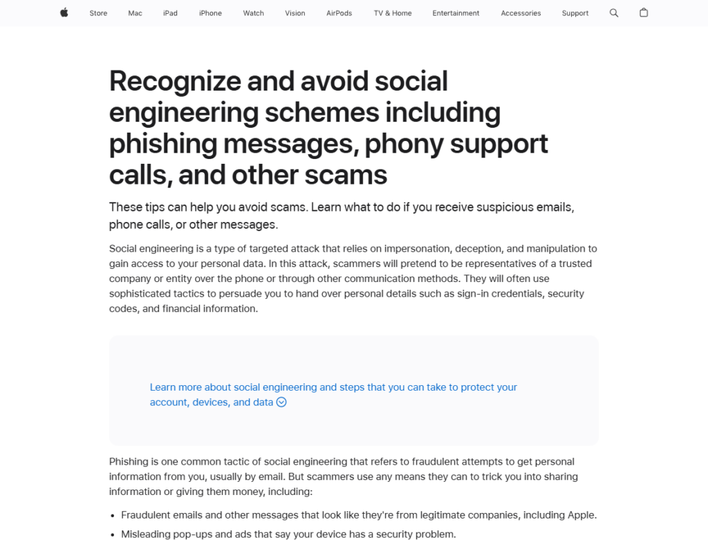 Apple Support guidance about recognizing phishing messages and phony support scams