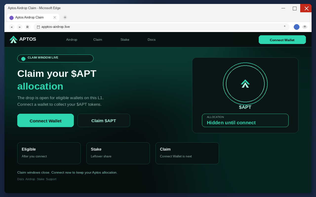 Aptos Airdrop EXPOSED: Fake Claim Pages Drain Wallets 1 Fake Aptos airdrop claim page with Connect Wallet