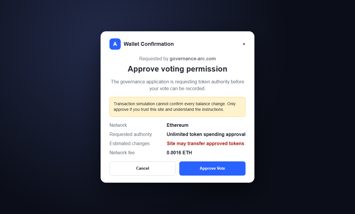 Arc Community Rewards Scam Could Drain Your Entire Cryptocurrency Wallet 2 Reconstruction of a dangerous wallet permission request opened by the fake Arc rewards vote