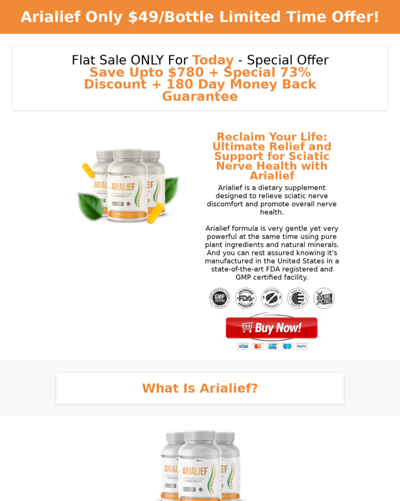 Arialief Supplement Exposed: Fake or Real? Investigation 2 Alternative Arialief website advertising a 73% discount and a 180 day money back guarantee