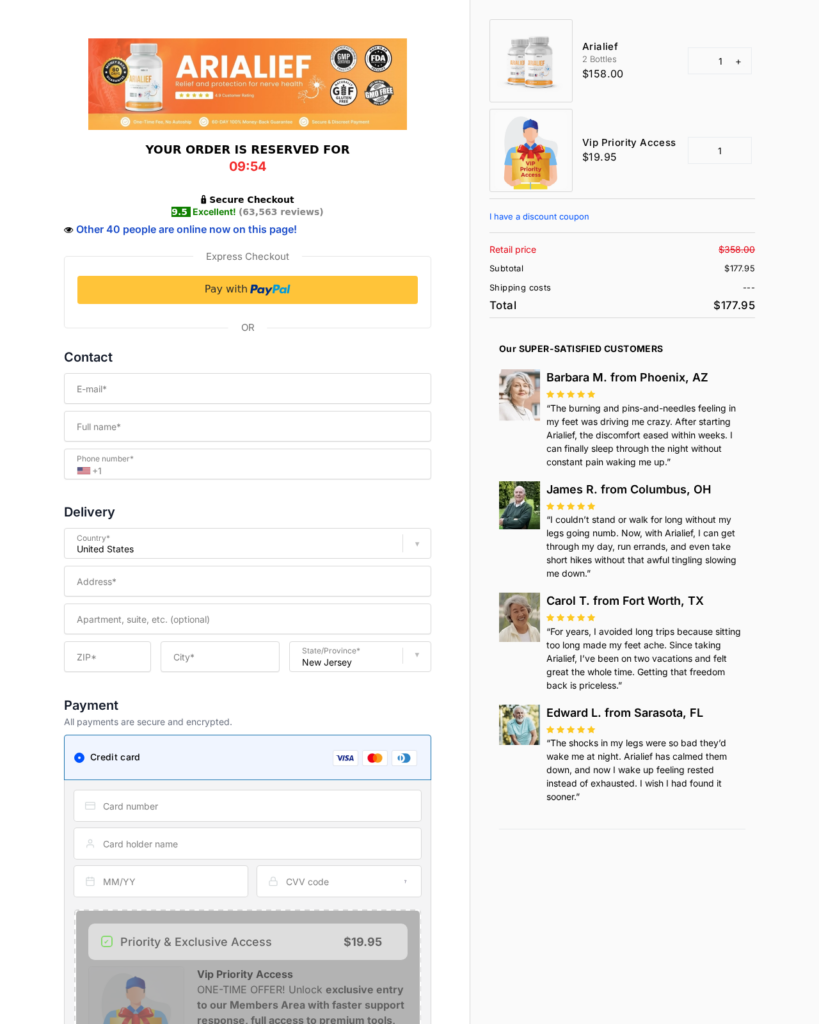Arialief Supplement Exposed: Fake or Real? Investigation 3 Arialief Cartpanda checkout showing two bottles and an added VIP Priority Access charge