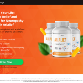Arialief website promoting bottles of the nerve health supplement with neuropathy relief claims