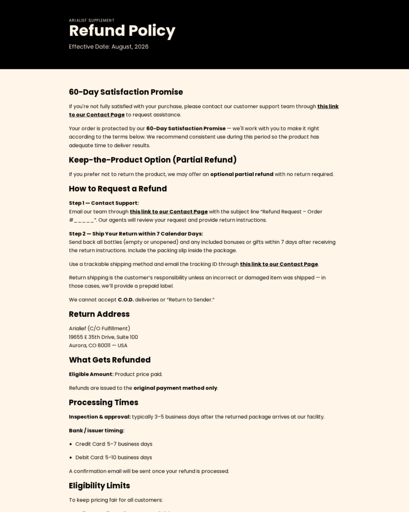 Arialief Supplement Exposed: Fake or Real? Investigation 4 Arialief refund policy listing a fulfillment return address in Aurora Colorado and seven day return instructions