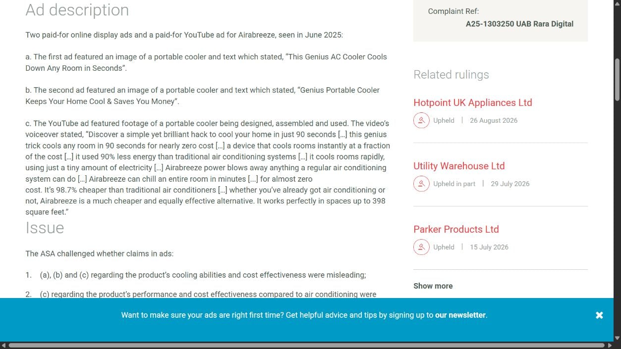 UK Advertising Standards Authority ruling quoting Airabreeze claims that it could cool any room in 90 seconds