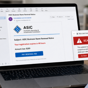 Example of a fake ASIC business name renewal email demanding $289
