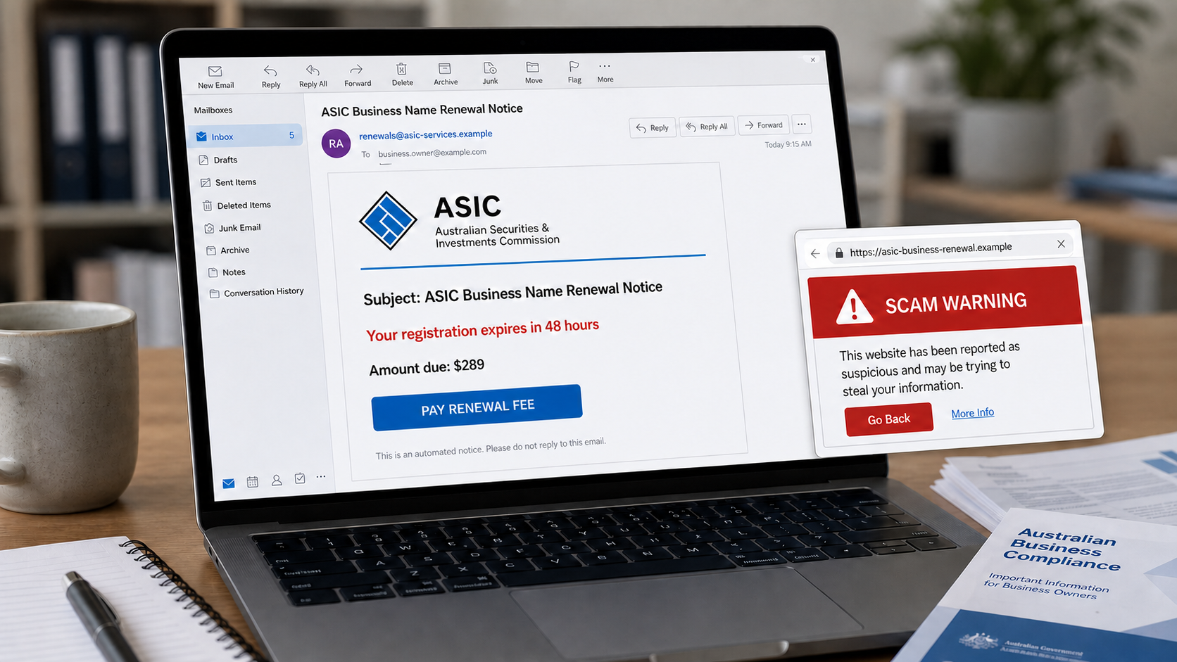 Example of a fake ASIC business name renewal email demanding $289