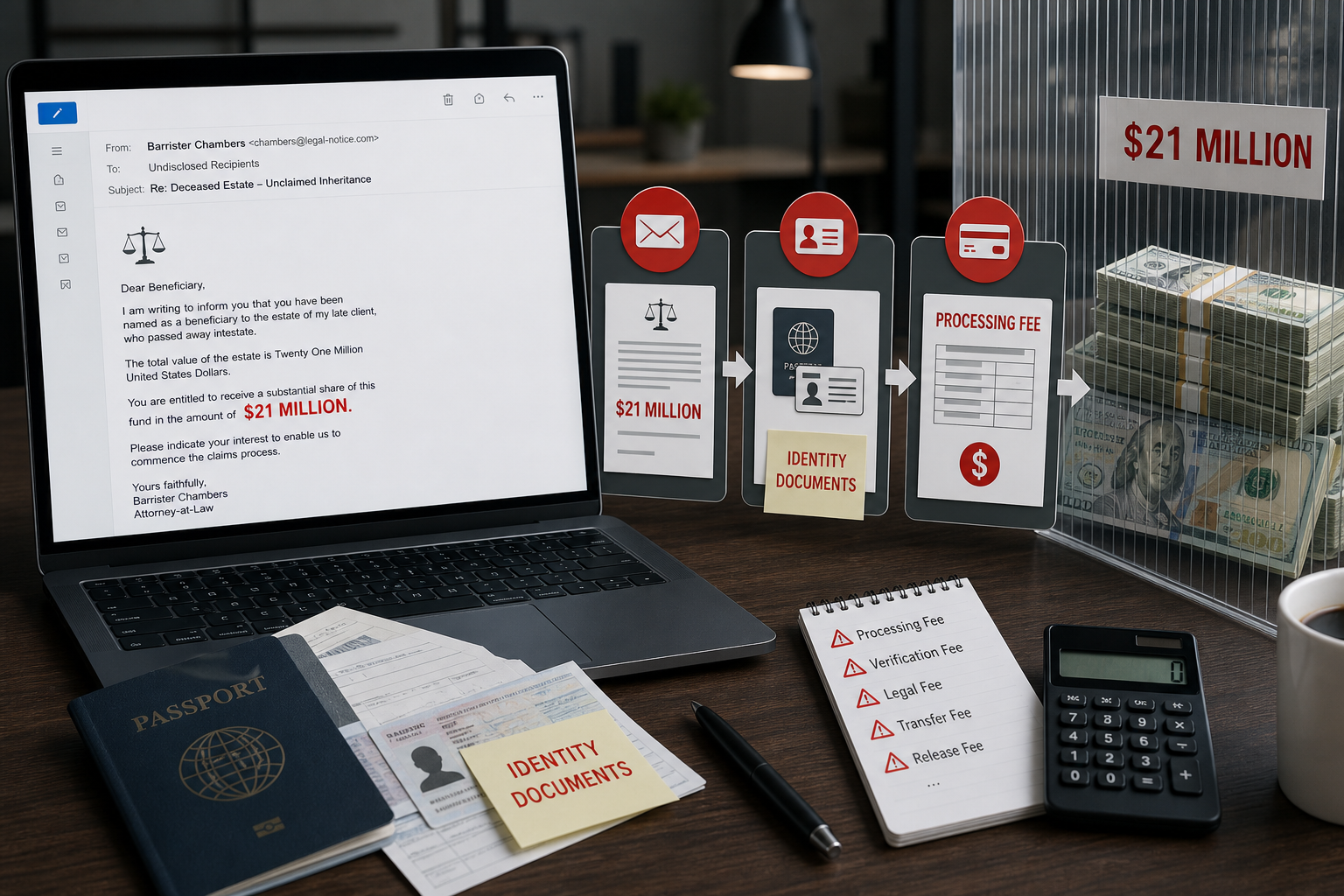 Assistance In Claiming The Money Email Scam: How the $21 Million Inheritance Trap Works 1 Assistance In Claiming The Money email scam promising a fake $21 million inheritance