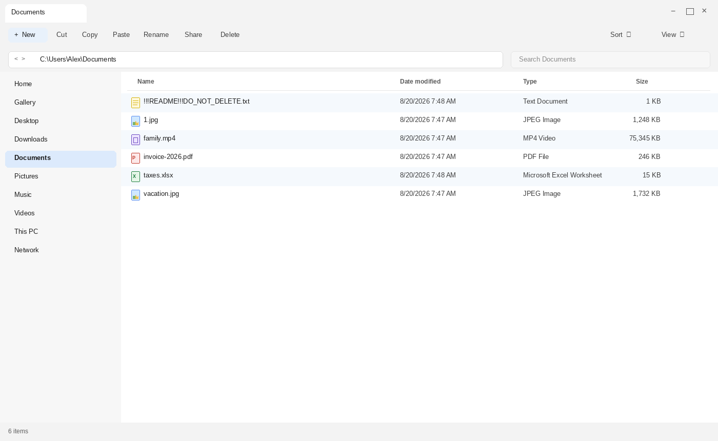 Documents after Aur0ra. Filenames look unchanged. !!!README!!!DO_NOT_DELETE.txt is the tell.