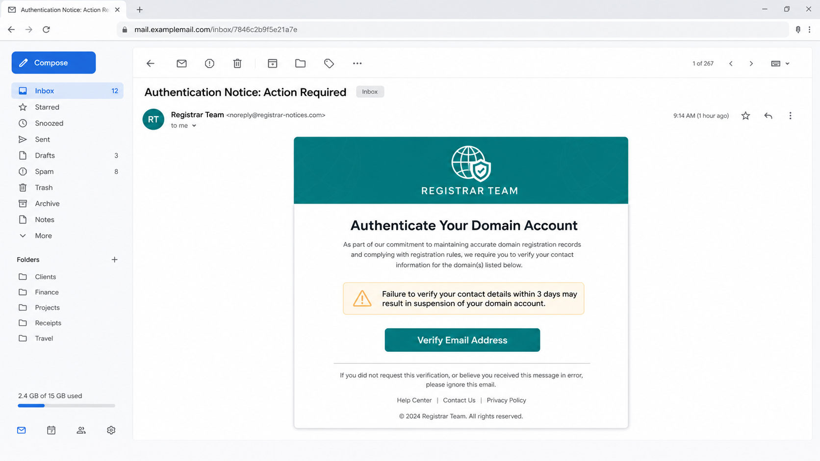 Reconstructed Authenticate Your Domain Account phishing email