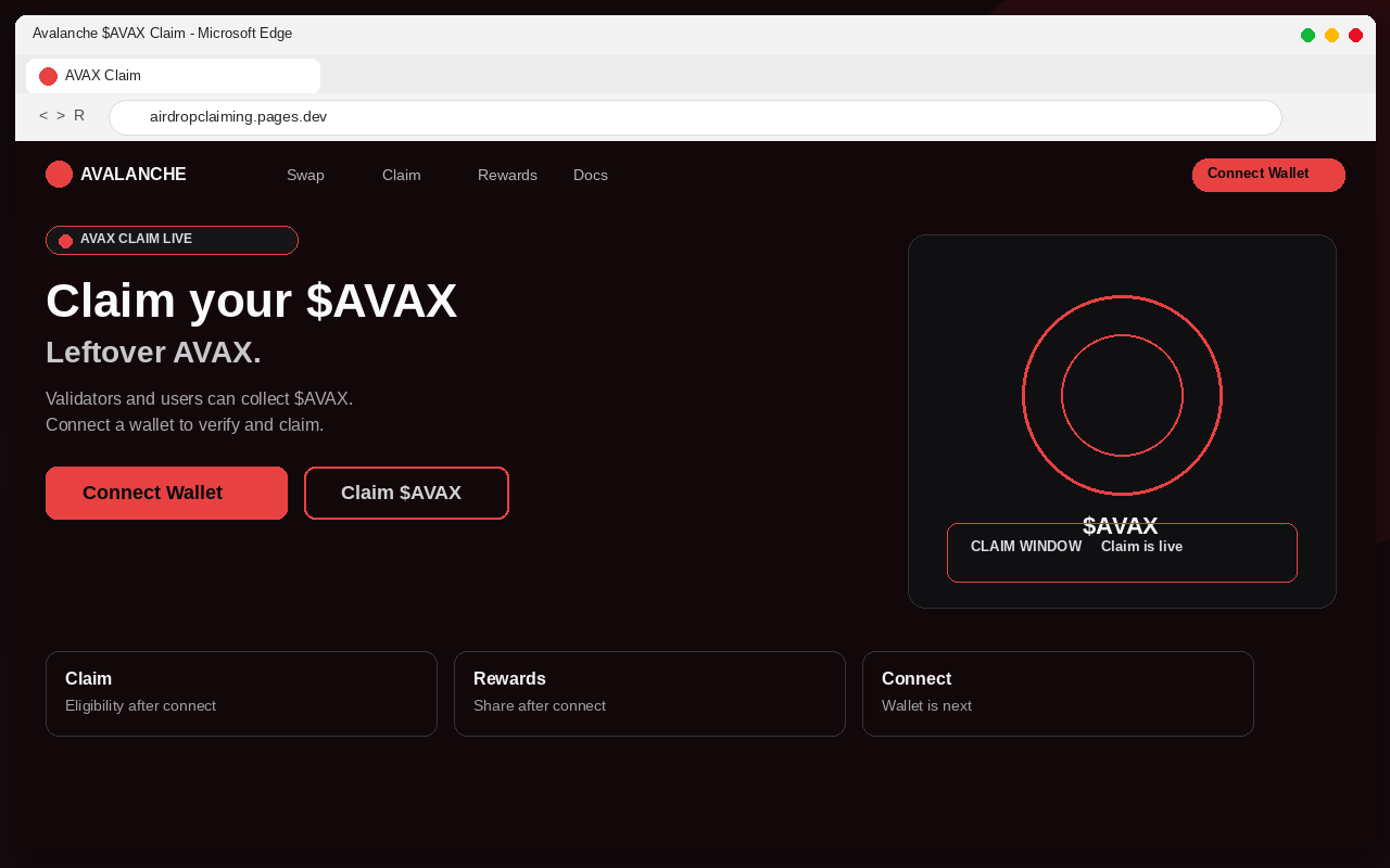 Avalanche Airdrop EXPOSED: Fake $AVAX Claim Pages Drain Wallets 1 Fake Avalanche $AVAX airdrop claim page with Connect Wallet