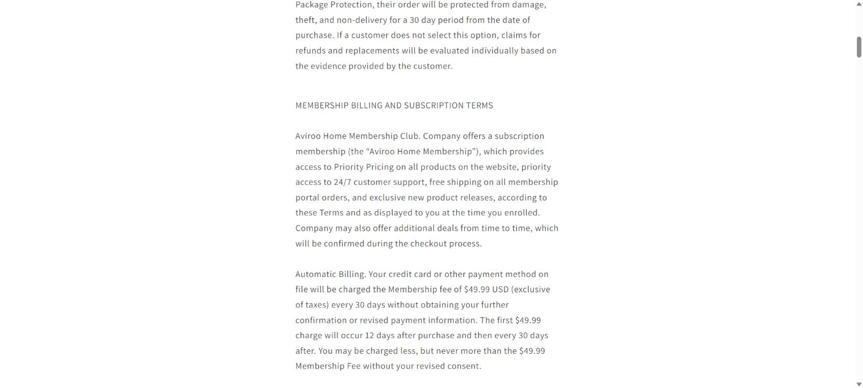 Fuel Sync Gas Saver Scam: Hidden $49.99 Subscription Warning 2 Aviroo Home terms showing automatic billing of $49.99 every 30 days after a Fuel Sync purchase funnel