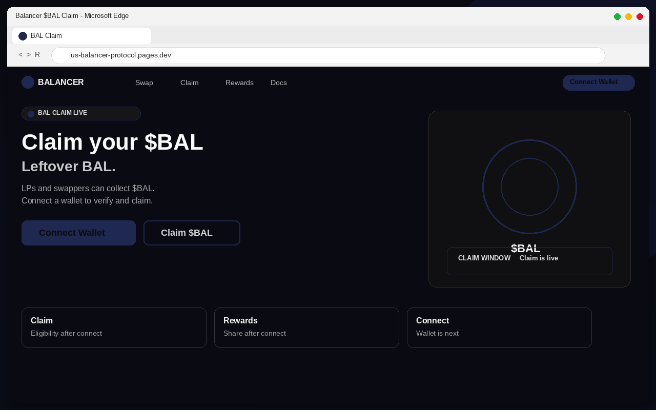 Balancer Airdrop EXPOSED: Fake $BAL Claim Pages Drain Wallets 1 Fake Balancer $BAL airdrop claim page with Connect Wallet