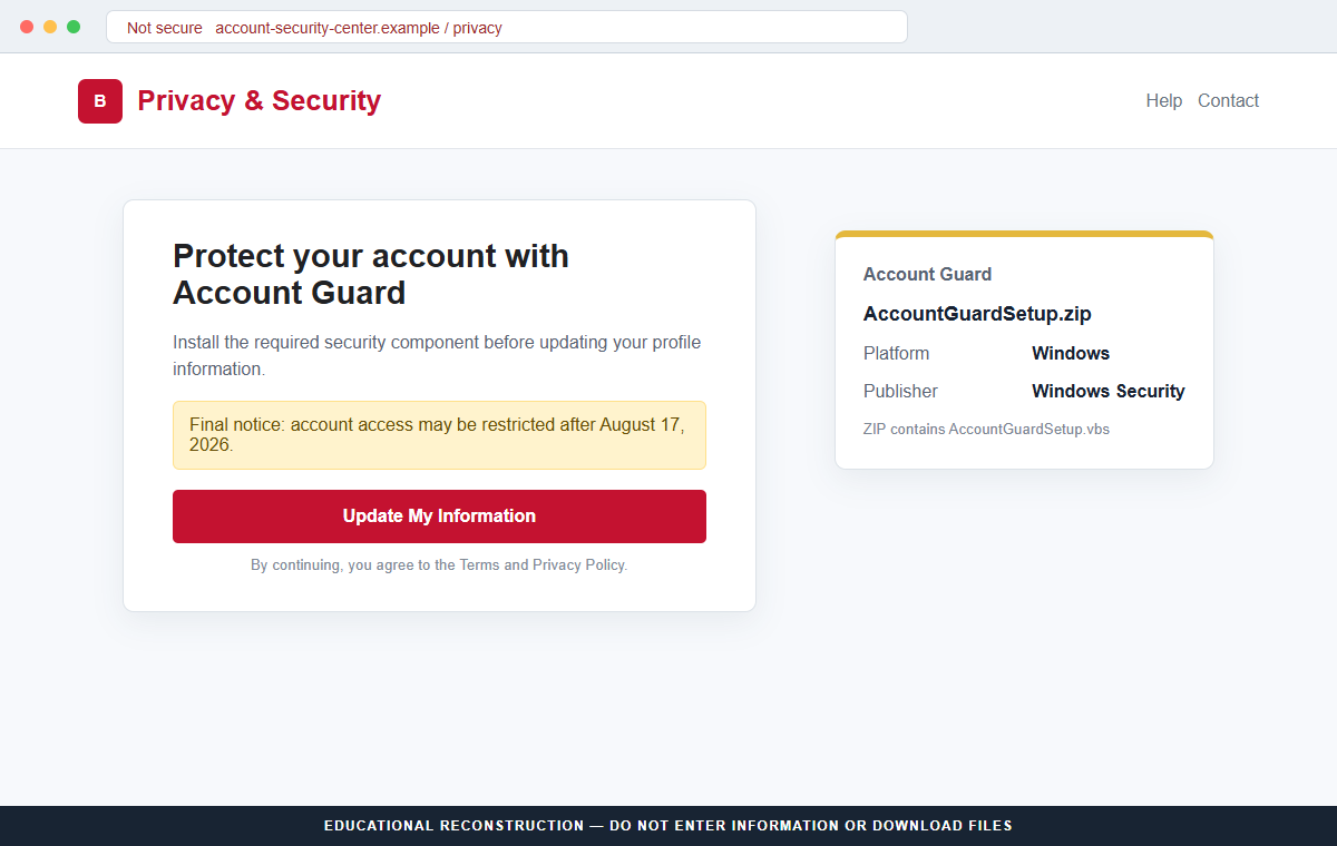 Reconstruction of the fake Bank of America Account Guard download page