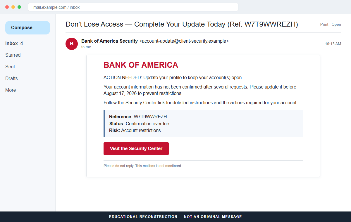 Reconstruction of the Bank of America Account Update email scam threatening account restrictions