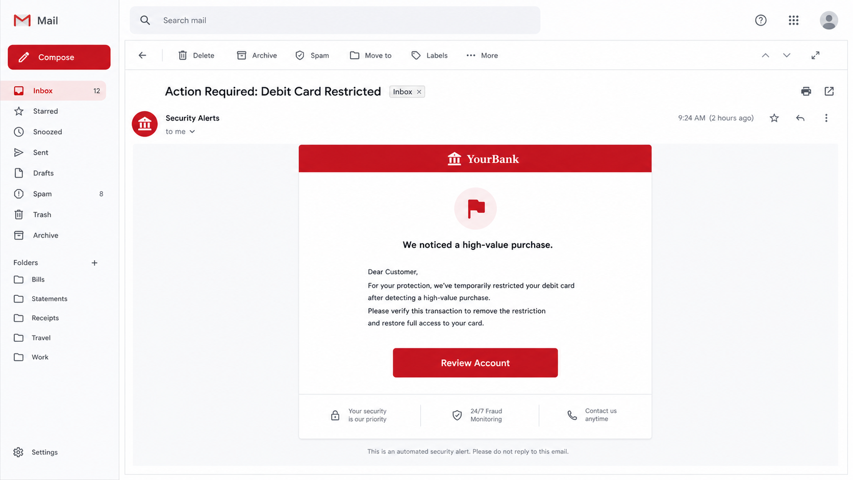 Reconstructed Bank of America card locked phishing email