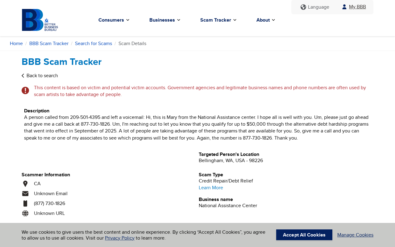 BBB Scam Tracker report 1255805 with the Mary National Assistance Center voicemail