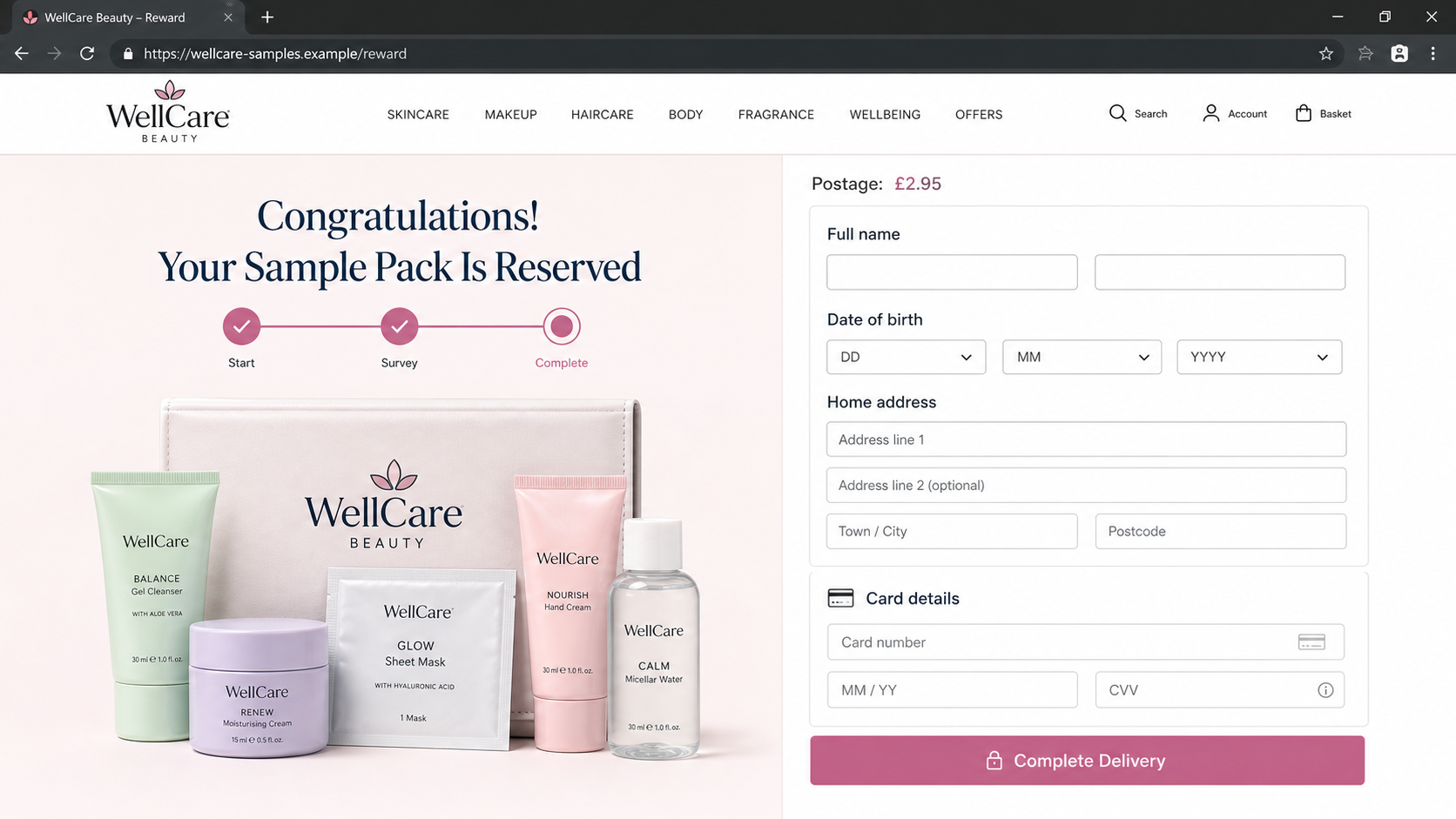 Realistic example of a fake beauty sample checkout requesting personal and payment details