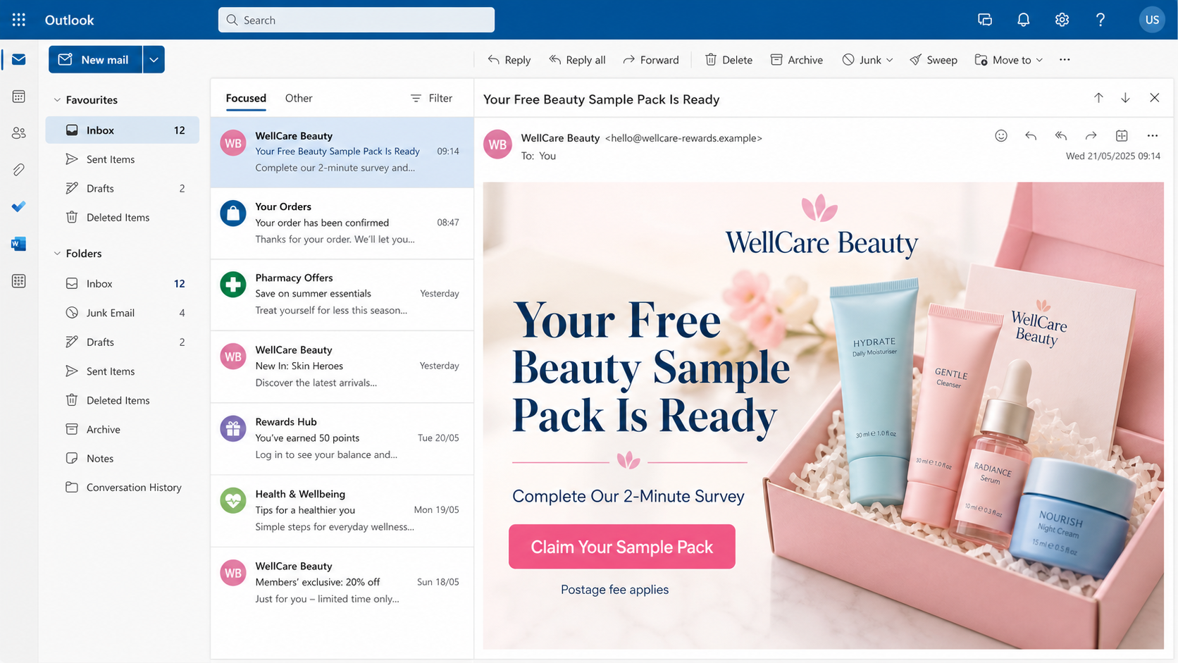 Realistic example of a free beauty sample pack phishing email in a desktop inbox