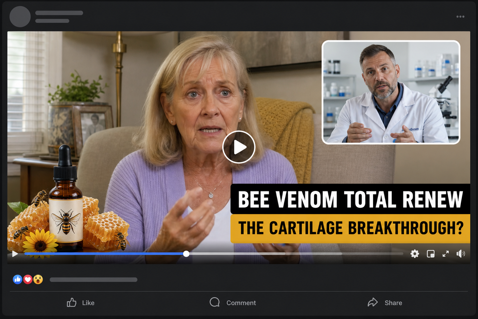 Bee Venom Joint Regeneration Scam Exposed: Fake AI Ads Investigated 2026 1 Realistic reconstruction of a social media video promoting bee venom drops for cartilage regeneration