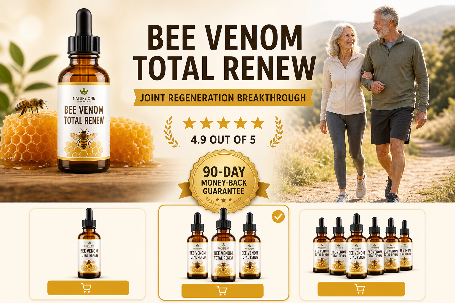 Bee Venom Joint Regeneration Scam Exposed: Fake AI Ads Investigated 2026 2 Realistic reconstruction of a Bee Venom Total Renew landing page with joint claims and bottle bundles