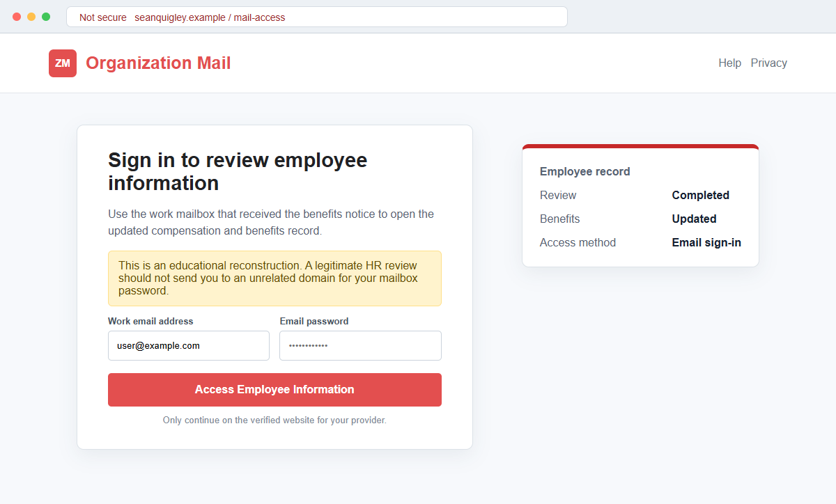 Reconstruction of the fake organization mail login used by the Benefits Review Notice scam