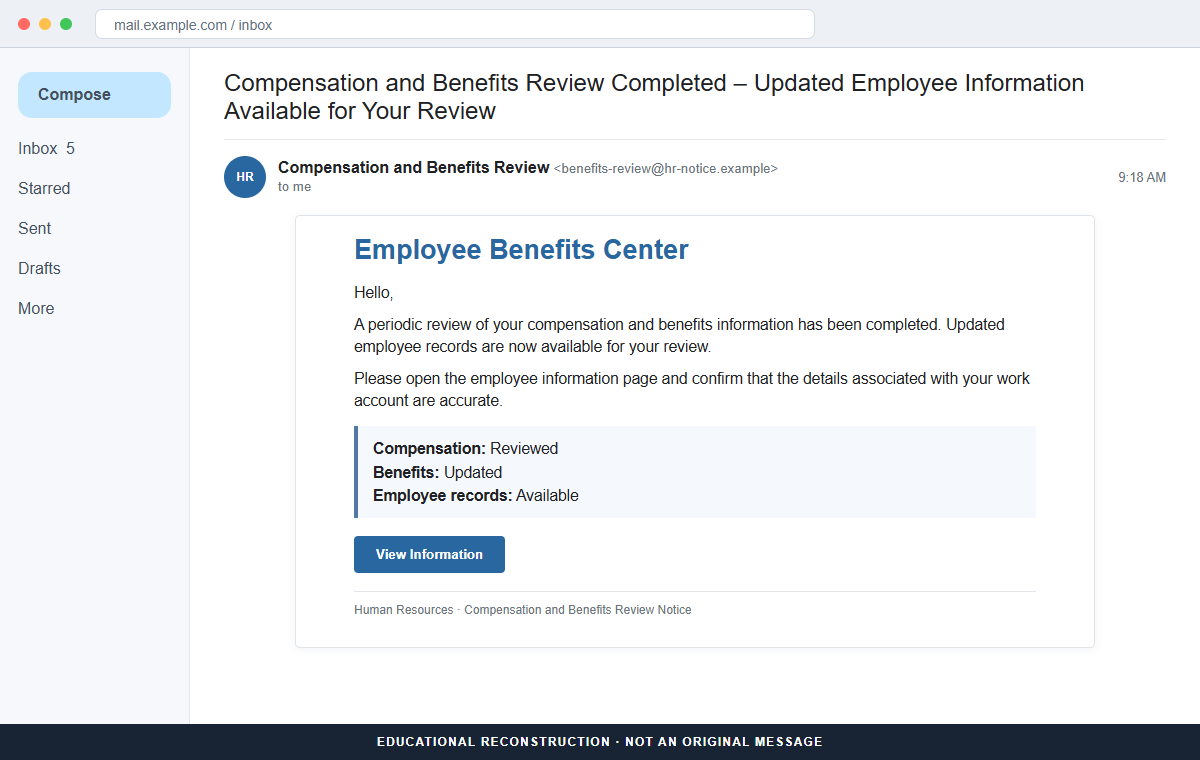 Reconstruction of the Benefits Review Notice HR phishing email