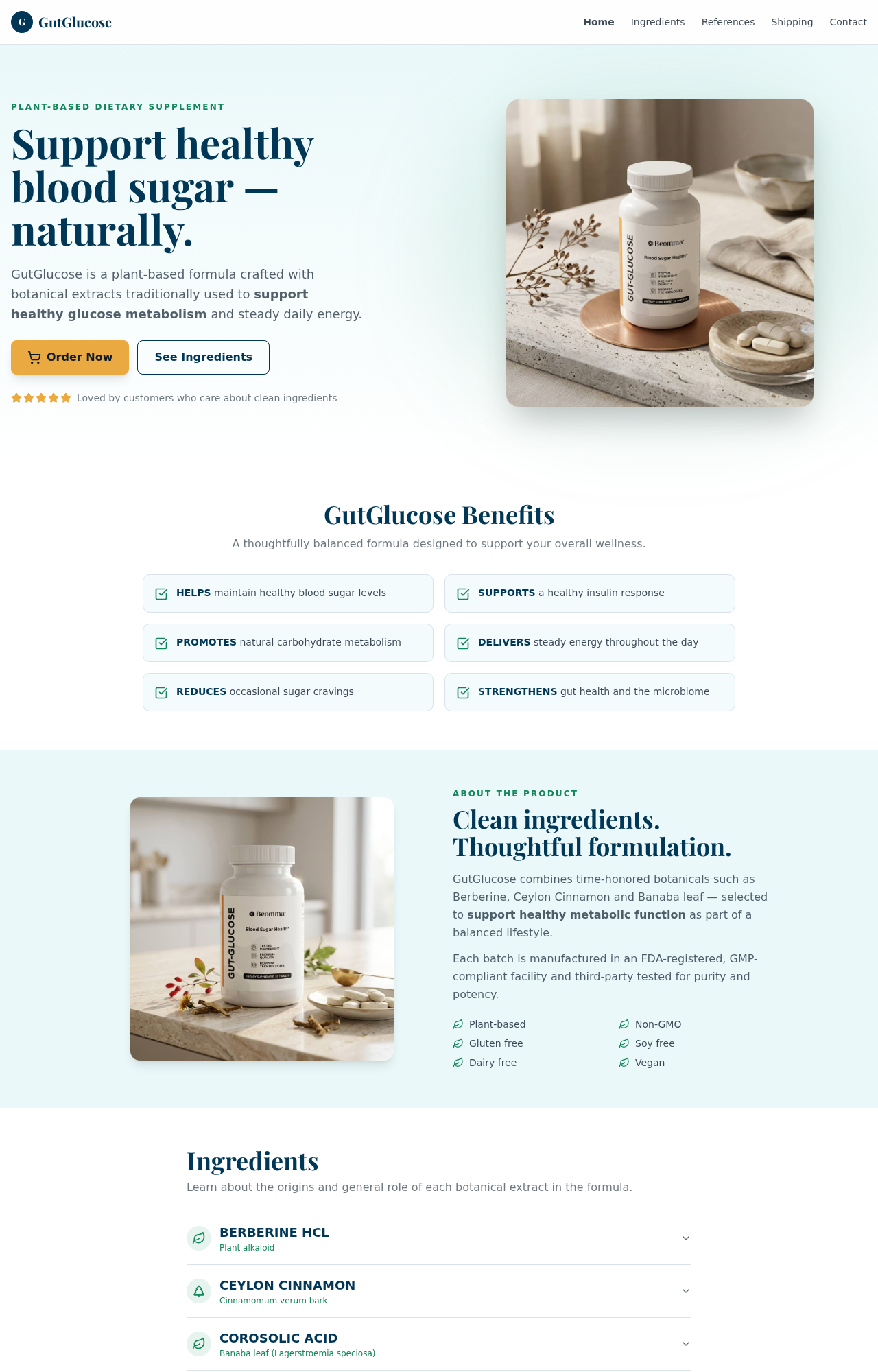 Beomma GutGlucose sales page showing blood sugar claims and two, three, and six bottle packages