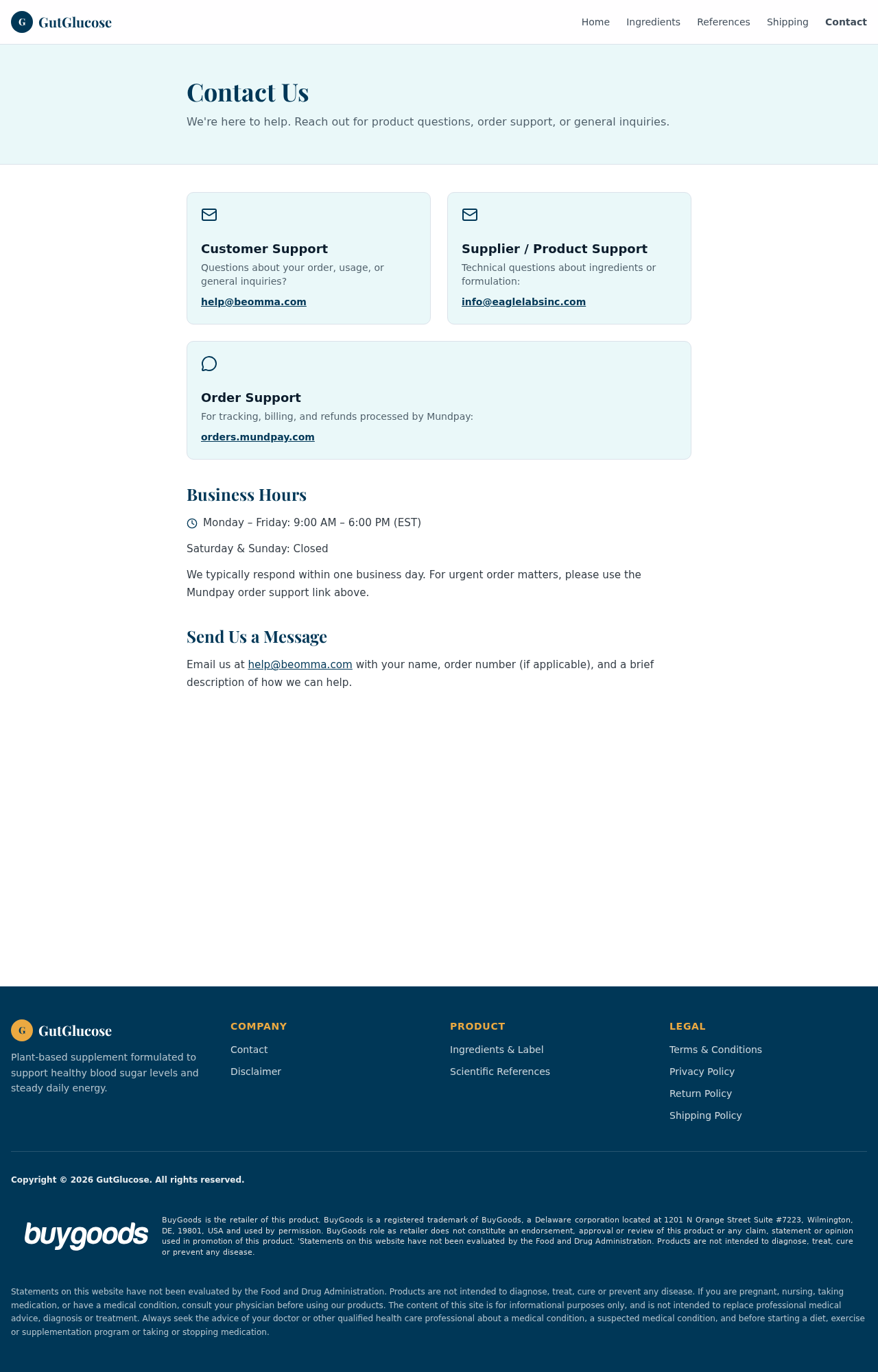 GutGlucose contact page listing Beomma, Eagle Labs, and Mundpay support roles